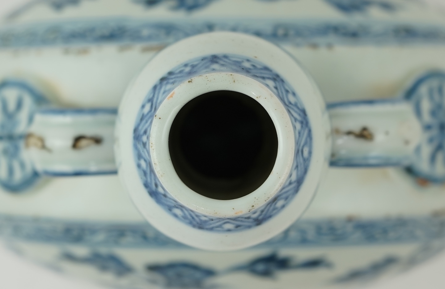 A Chinese blue and white moon flask, bianhu, in Ming style